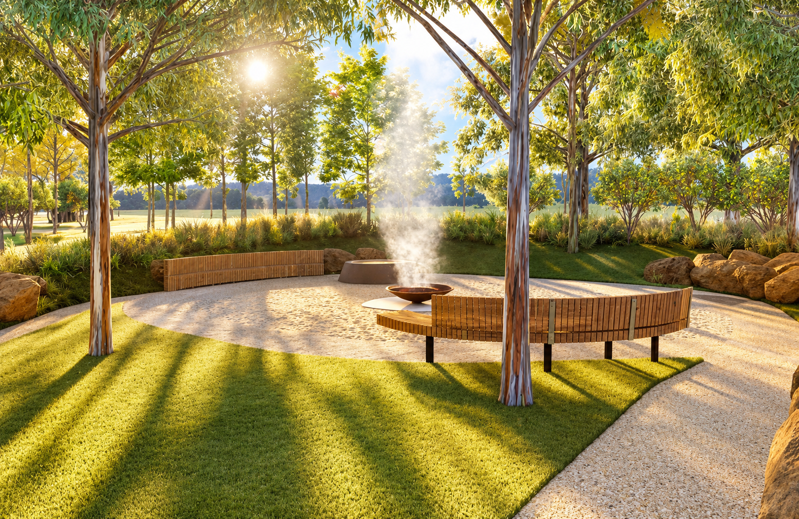 Harkness Development — sunken fire pit and timber seating amid parkland